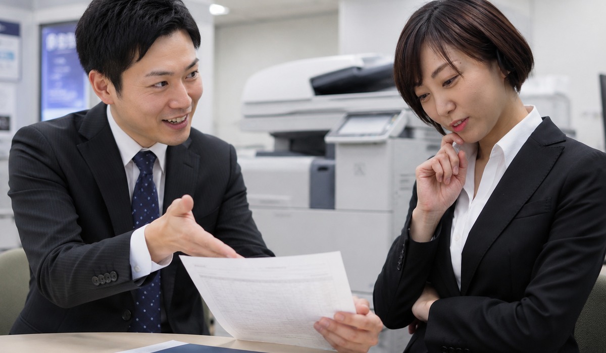 コピー機販売店の営業担当者から見積の提案を受ける女性
